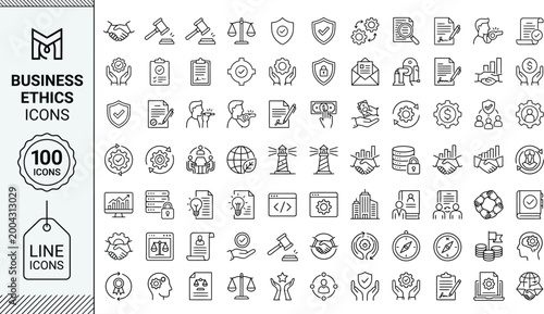 Minimalist business ethics icons set for corporate values and principles