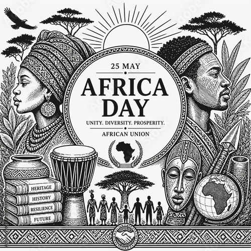 Africa Day celebration poster showcasing diversity and heritage theme  