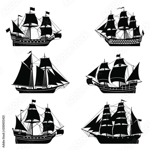 black and white vector silhouette set of old ships