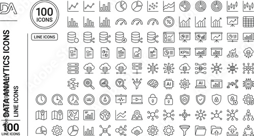 Data analytics icons set 100 line icons for business and technology concepts
