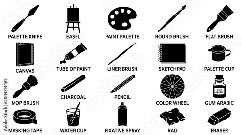 black and white vector silhouette set of painting tools	
