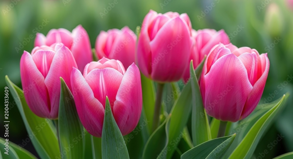 Fototapeta premium Vibrant pink tulips in lush green garden bloom flowers