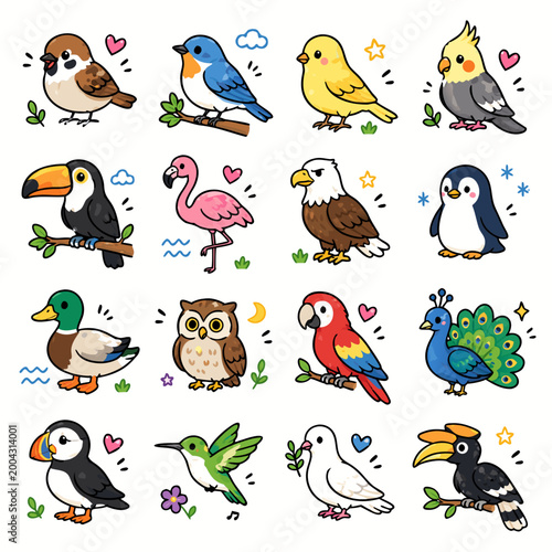 Colorful Doodle Bird Icon Set 4x4 Grid Cute Cartoon Animals Vector Illustration
