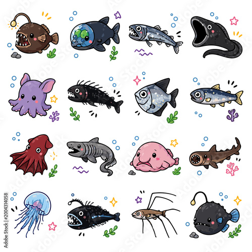 Cute Deep Sea Fish Doodle Icon Set in 4x4 Grid, Colorful Kawaii Vector Illustration
