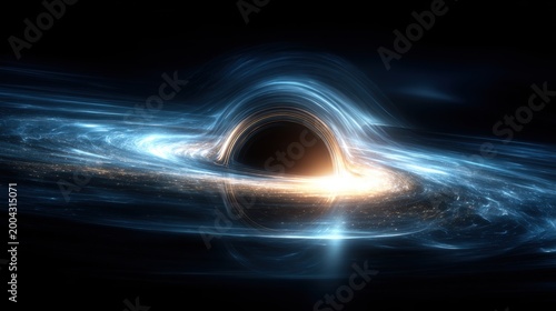 Black hole, fantasy, mysterious. A digital artwork depicts a cosmic scene. A black hole is the central subject, surrounded by swirling blue and white light trails.