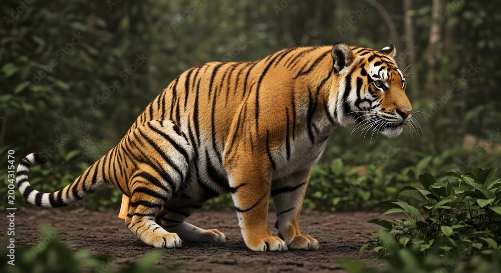 Fototapeta premium Majestic tiger in natural habitat with striped fur and alert posture