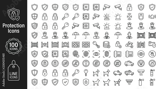 Collection of 100 minimalist protection icons in monoline style for security and safety concepts