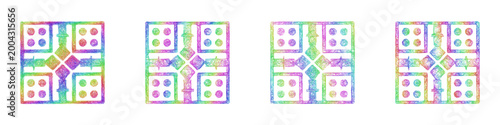 Multicolored sketch ludo board icon design set