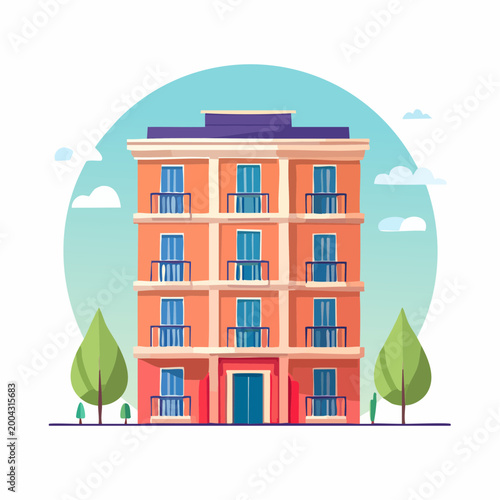 Flat Design Apartment Building with Balconies and Trees