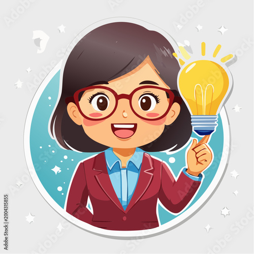 Woman with Glasses Holding a Light Bulb, Symbolizing an Idea