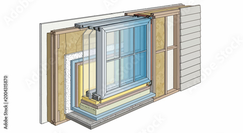 Detailed cross-section illustration showcasing layered construction materials of a modern building wall with a window assembly