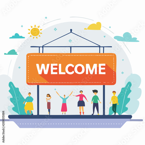 Welcome Sign with Diverse Group of People