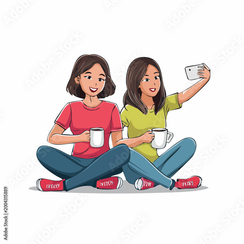 Two young women taking a selfie while drinking coffee