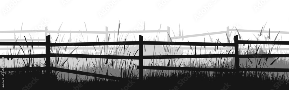 Naklejka premium Meadow silhouettes with grass and old wooden fence. Countryside, panoramic summer lawn rural landscape with herbs, weeds. Herbal border, frame element. Black horizontal banners. Vector illustration