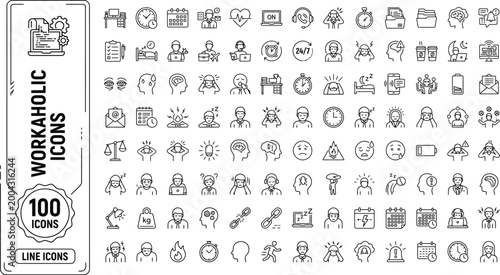 Collection of 100 minimalist monoline workaholic icons for business and productivity