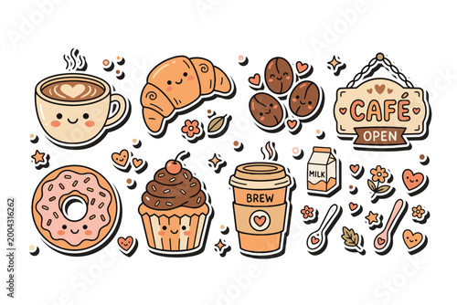 Cute Coffee Shop Kawaii Sticker Pack Flat Vector Illustration