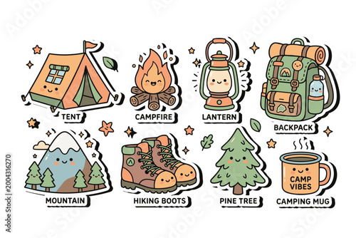 Cute Camping Sticker Collection Kawaii Flat Vector