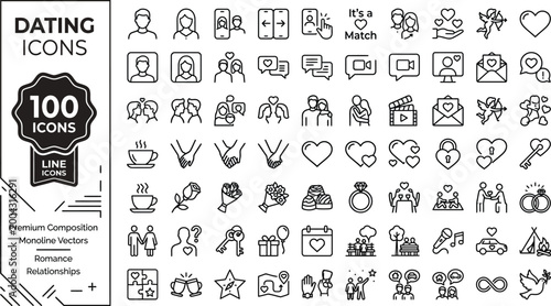 Dating icons set with 100 minimalist monoline symbols for relationships and love including hearts gifts and communication