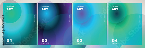 Abstract digital art cover set with 4 templates, teal and blue gradient background collection, futuristic blurred circle posters for social media