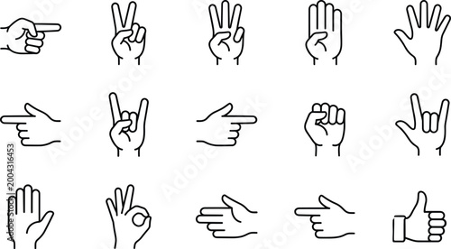 Hand Gesture Line Icon Set with Pointing, Peace, Fist, Thumbs Up, Rock, and OK Signs for Communication and UI Design Projects
