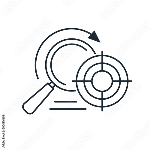 Research or search for a specific goal or market segment. Target audience analysis or marketing research. Vector linear icon illustration isolated on white background.