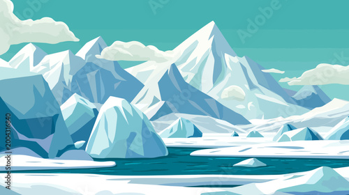 A pixelated landscape depicting snow-capped mountains, icy water, and floating icebergs under a pale sky