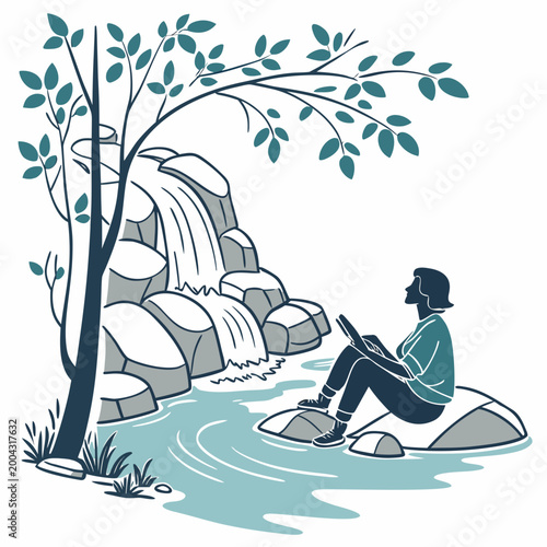 A person sitting on a rock by a waterfall with a laptop