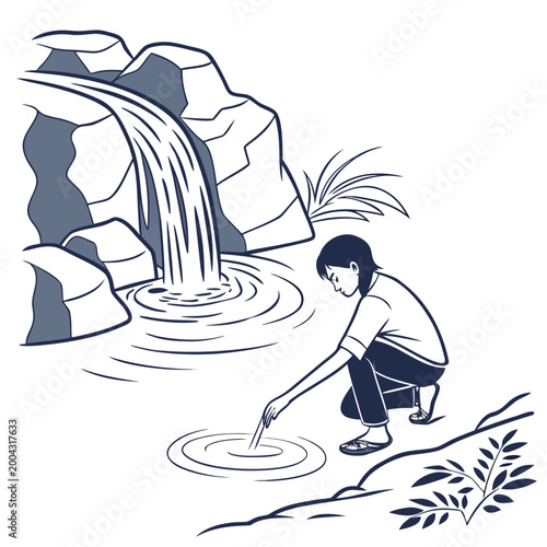 A woman crouches down to touch the water flowing from a waterfall into a pool surrounded by rocks and plants