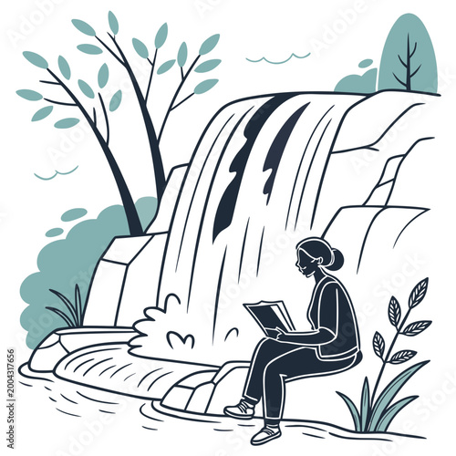 A woman sitting on a rock reading a book in front of a waterfall with trees and plants around her