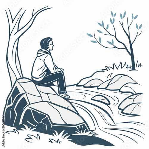 A person sitting on a rock in a natural landscape with trees and a stream