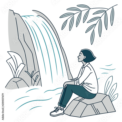 A woman sitting on a rock in front of a waterfall with plants around her