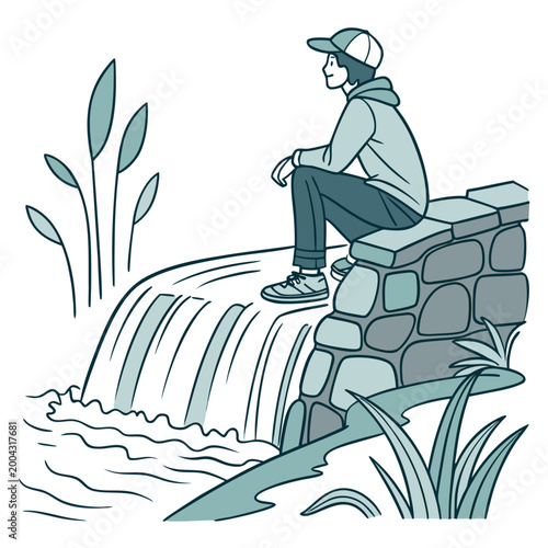 A man sitting on a stone wall next to a small waterfall and plants