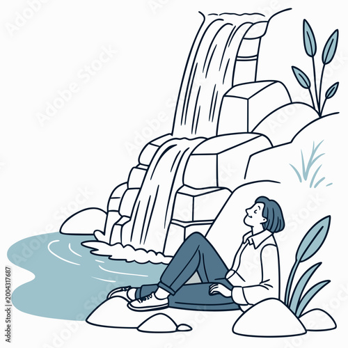 A serene illustration of a woman sitting by a waterfall surrounded by rocks and plants