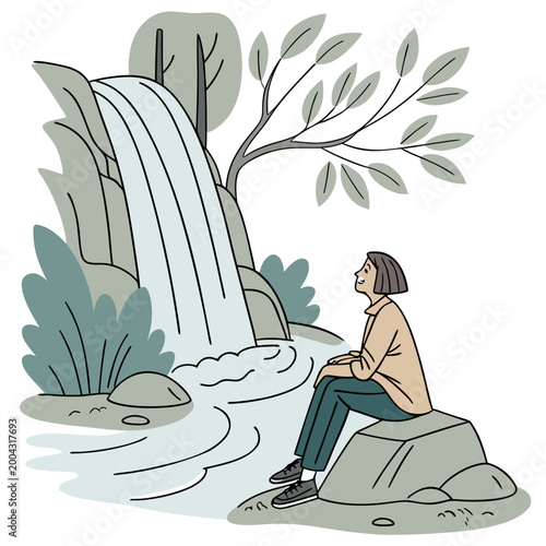 A woman sitting on a rock in front of a waterfall with a tree and rocks around her