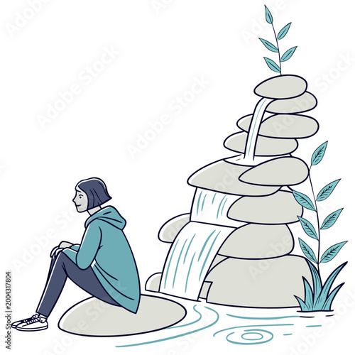 A woman sitting on a rock next to a small waterfall and a plant