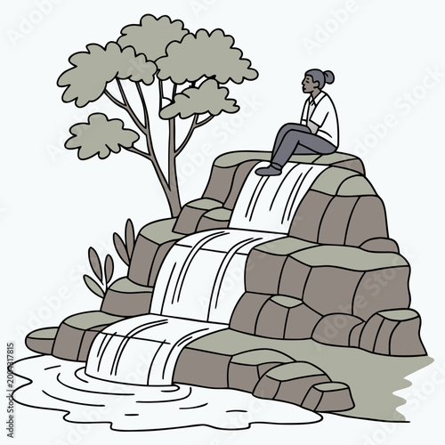 A serene cartoon illustration of a woman sitting on a rocky waterfall with a tree beside her