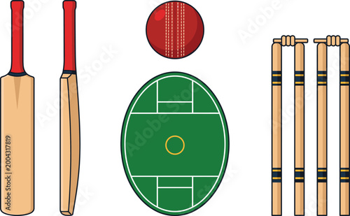 Cricket Sports Equipment Set with Bat, Ball, Wicket Stumps, and Aerial View of Cricket Ground for Sports and Game Design Projects