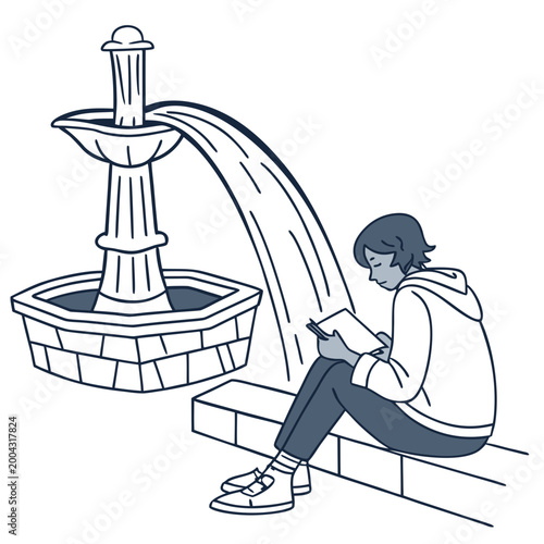 A person sitting on a brick ledge reading a book next to a stone fountain