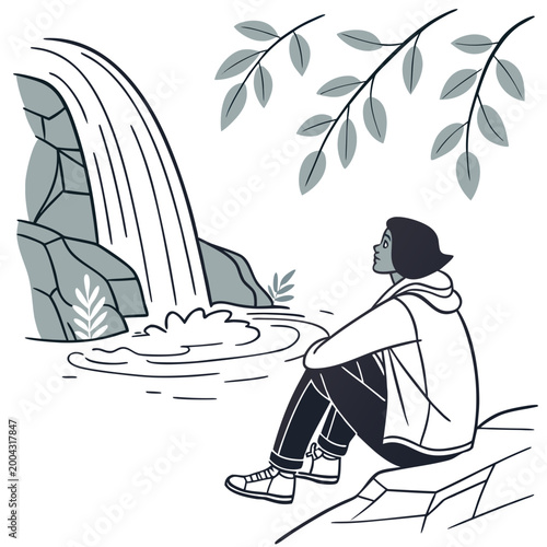 A person sits on a rock next to a waterfall with leaves