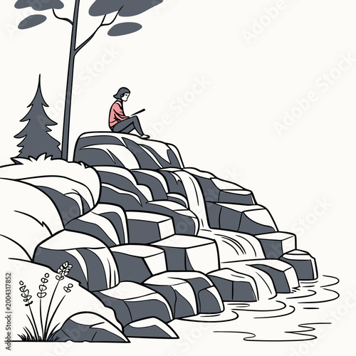 A woman sits on rocks by a waterfall and reads a book in a natural setting with a tree and pine