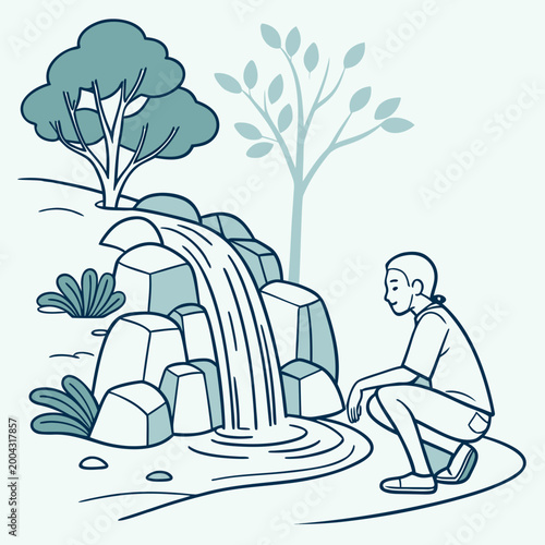 A man sitting next to a waterfall in a natural setting with trees and rocks