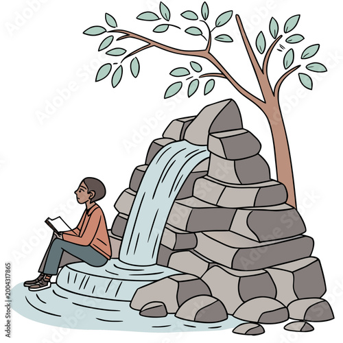 Man sitting on rock reading book by waterfall and tree