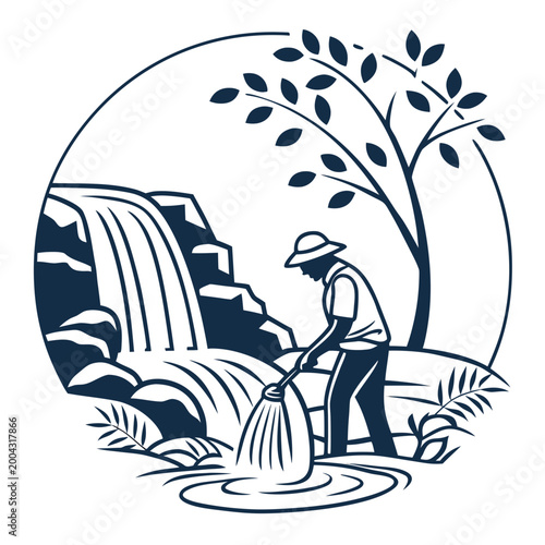 Man collecting water in a bag from a waterfall with a tree in the background