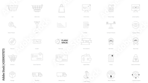 Ecommerce Business Outline Icons – Set of 30 Line Style Shopping and Delivery Vector Icons Transparent Background