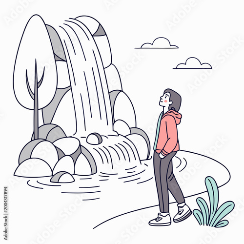 A person standing in front of a waterfall with rocks and trees on a sunny day