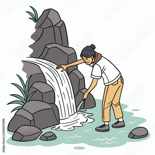 A cartoon illustration of a person standing next to a small waterfall surrounded by rocks and plants