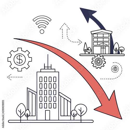 Vector illustration of business growth and expansion with buildings, gears, and symbols