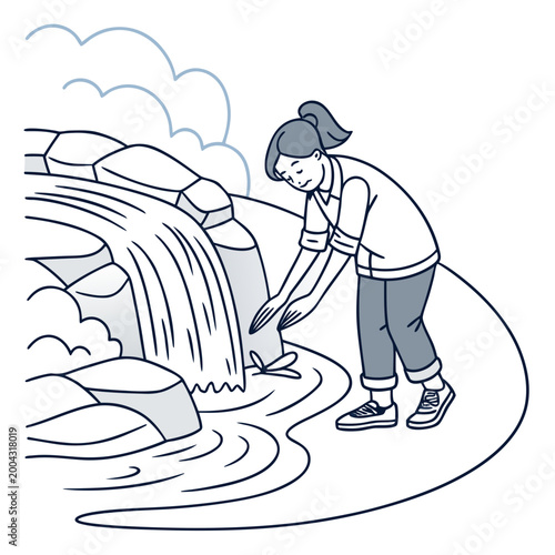 A woman is standing next to a small waterfall with her hands in the water