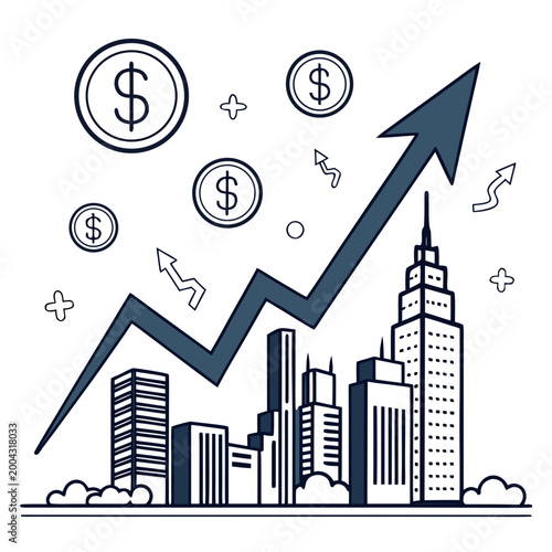 A city skyline with a large arrow pointing upwards and dollar coins floating above it, symbolizing financial growth and success in a modern urban setting with tall buildings