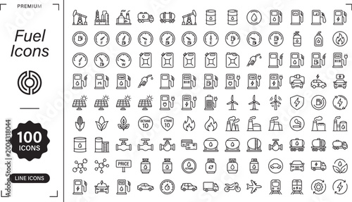 Collection of 100 minimalist monoline fuel icons for energy and transportation concepts